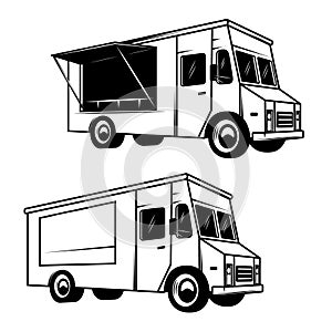 Illustration of an food truck. Design element for emblem, sign, badge.