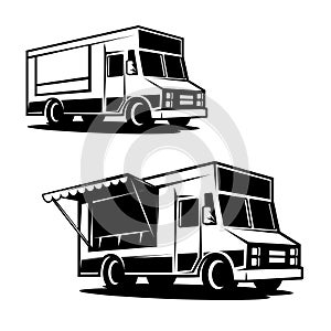 Illustration of an food truck. Design element for emblem, sign, badge.