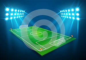 An illustration of Football soccer field with bright stadium lights shining on it. Vector EPS 10. Room for copy