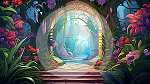 An illustration of a footpath beneath a breathtaking archway adorned with vibrant flowers and luxuriant foliage ai generated