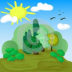 Illustration of forest edge for children.