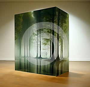 Illustration of a forest encased in glass in an empty room