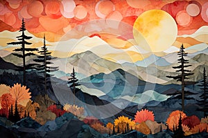 illustration of a forest, featuring trees, rivers, and mountain peaks in a painted landscape.