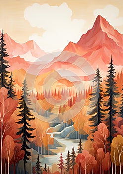 illustration of a forest, featuring trees, rivers, and mountain peaks in a painted landscape.