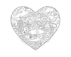 Illustration in the form of a heart with sea inhabitants inside - vector linear picture for coloring.