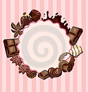 illustration format of a circular posy of pink brown and cream roses with satin bows on a candy pink background