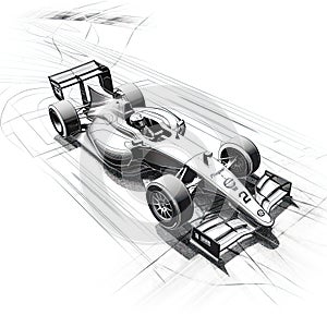 illustration of a formula race car in black and white background. Sport car racing formula one race track line art, AI Generated