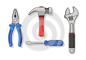 Illustration of four common hand tools on a white background.