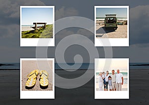 Illustration with four holiday photos over seaside in background