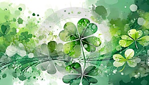 Illustration with four-leaf clover leaves as background, lucky symbols, st. patricks day