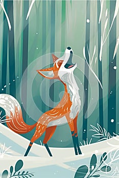 Illustration of a fox in the forest in winter.