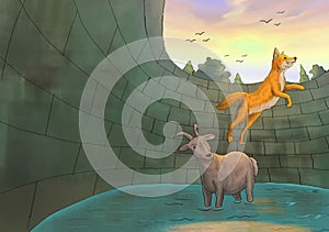 illustration of a fox jumping over a goat\'s back to get out of a well