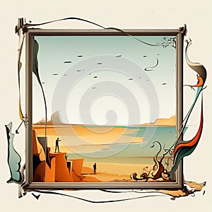 an illustration of a frame with a picture of a beach and people on it