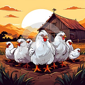 illustration of free-range chickens on a farm