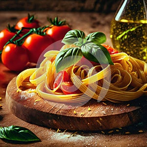 Illustration of fresh homemade pasta with pasta ingredients and basil leaves on dark wooden table. Generative AI