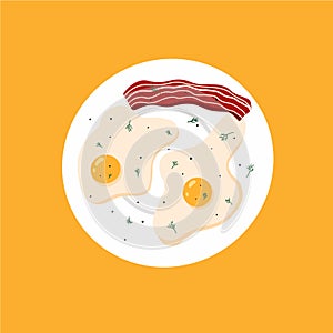 Illustration of fried eggs with greens and bacon.