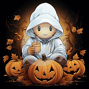 Illustration of friendly ghost sitting near pumpkins drinking tea