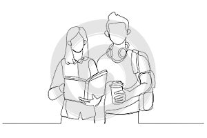 Illustration of friends girl and guy standing together searching books in library. Single line art style