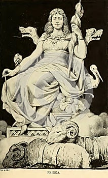 Illustration of Frigg goddess sitting on the throne,19th-century Norse mythology book