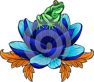 vector illustration of frog sits on a water lily flower