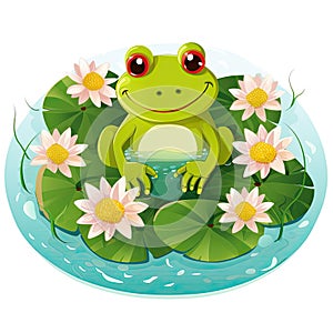 Illustration of a frog sitting on a lily pad with flowers, Cute Little Happy Frog clipart on top of water, AI Generated