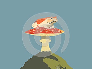 Illustration of Frolicking Frog Amongst Toadstools