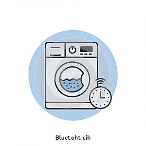 Illustration of a front-loading washing machine within a blue circle. The machine