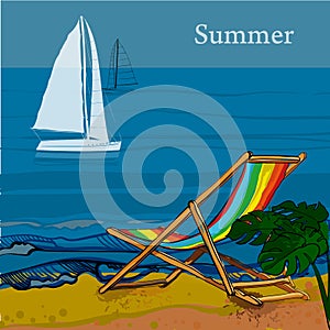 Illustration of front view of sea, Sailboat and beach with sand, palms, deck chair.