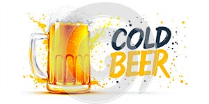 Cold Beer Mug Illustration With Frothy Head and Text on White Background