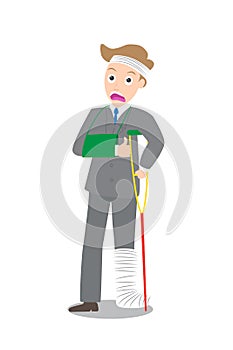 Illustration of frown injured businessman in bandages with crutches cartoon