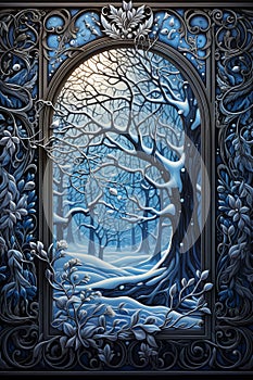 Illustration of a frozen winter forest in a window frame. Winter landscape