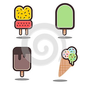 Illustration of fruit popsicles and ice cream with little sweets. Isolated on a white background