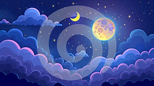 An illustration of a full moon and crescent in the night sky with clouds and stars on a dark midnight sky. A starry