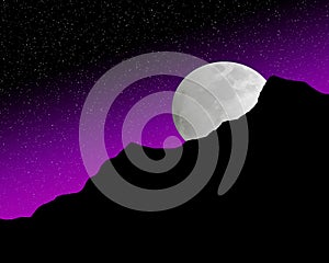 Illustration of the full moon rising over hills and mountains