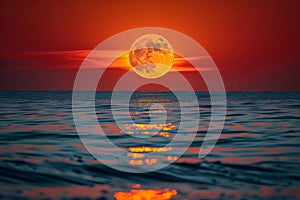 A full moon setting over the ocean, reflections on water, red sky, cinematic,