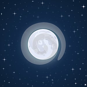 Illustration of a full shining moon in the night sky with stars in clear weather.