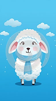Illustration of a fun and cute cartoon ram with a scarf on a blue background.