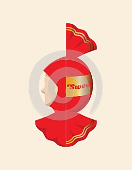 Illustration of the function of the hijab as head protection as candy wrappers protect their contents. Simple vector illustration