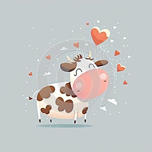 Illustration of a funny childish cow in love. Big animal in the clouds. Generative AI