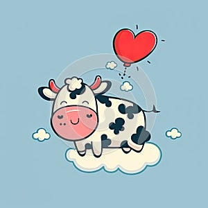 Illustration of a funny childish cow in love. Big animal in the clouds. Generative AI