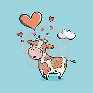 Illustration of a funny childish cow in love. Big animal in the clouds. Generative AI