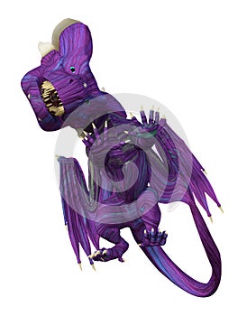 Illustration of a funny cute purple rainbow dragon with head tilted and front claws outstretched with folded wings isolated on a