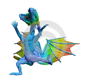 Illustration of a funny cute rainbow dragon dancing on one foot isolated on a white background