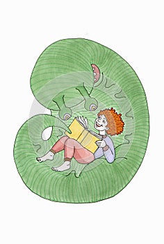 Illustration of a funny fantastic creature with a child