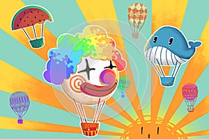 Illustration: Funny Hot Air Balloons is Flying in the Sunlight. Clown, Whale, Watermelon etc.