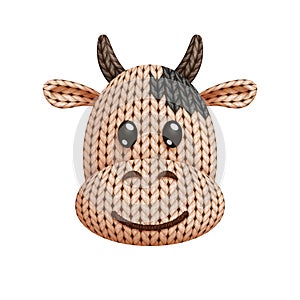 Illustration of a funny knitted cow toy head
