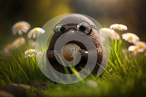 Illustration of funny mole with easter egg on a green meadow AI generated content