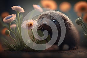 Illustration Funny mole smelling a flower AI generated content