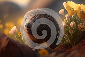 Illustration Funny mole smelling a flower AI generated content