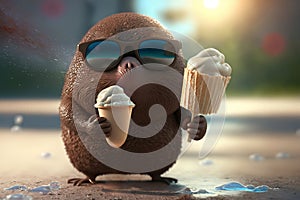 Illustration Funny mole with sunglasses eats an ice cream in summer AI generated content
